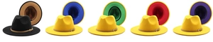 Flat lay of wide brim fedora hats in five color combinations with leather belts