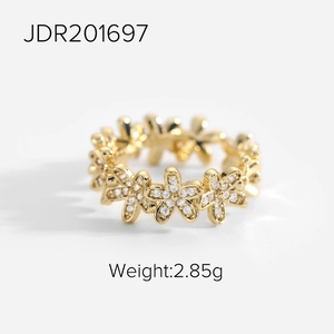 Macro view of 18K gold plated brass ring with floral zircons and 2.85g weight info