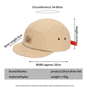 Khaki short brim 5-panel nylon baseball cap with breathable holes and red strap