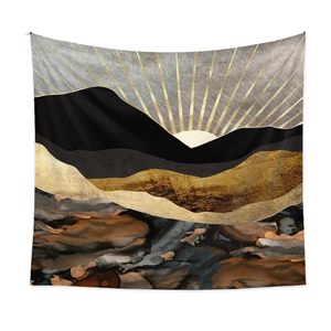 Close-up of abstract mountain tapestry with gold sunbeams and fluid ink textures