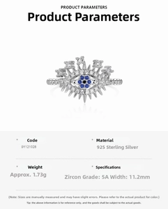 Detailed specs for 925 sterling silver evil eye ring showing dimensions and zircon quality