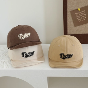 Three Korean-style baby baseball caps with Today embroidery in warm brown tones