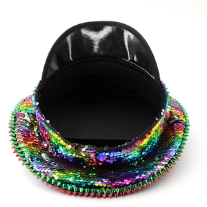 Rainbow sequin punk captain hat with colorful studs and rhinestones for party wear