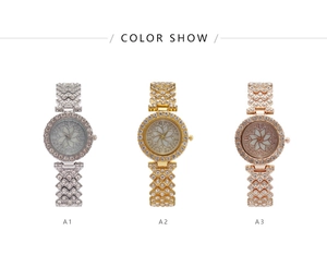 Three elegant floral rhinestone quartz watches in silver, gold, and rose gold finishes