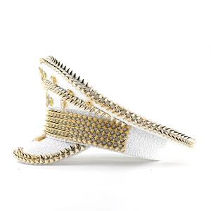 White sequins captain hat with gold spikes and rhinestones for festival parties