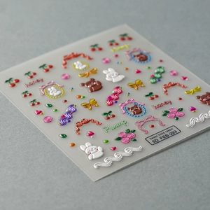 Stickers ongles 5D avec reliefs de lapins, ours et nœuds de dessin animé en 3D