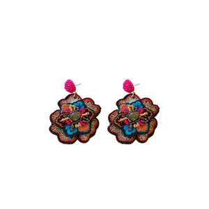 Ethnic bohemian embroidered flower stud earrings with colorful beads and grey gemstone
