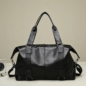 Large black PU leather travel bag with adjustable shoulder strap for sport and business