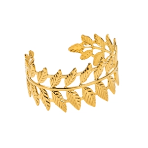 Macro shot of golden laurel leaf pattern on an adjustable open bangle bracelet