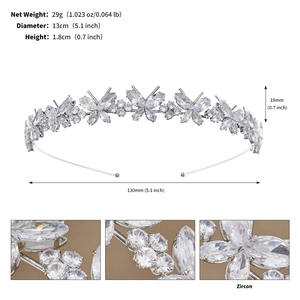 Detailed specs of crystal zircon butterfly headband with 13cm diameter and 29g weight