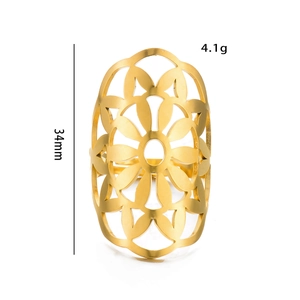 Macro detail of gold openwork ring showing 34mm height and 4.1g weight parameters