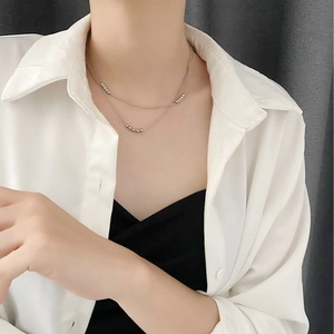Minimalist double layer stainless steel necklace with silver beads for women