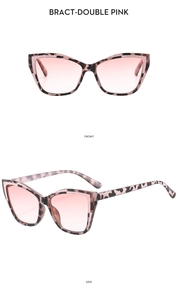 Front and side views of leopard print cat-eye sunglasses with pink gradient lenses