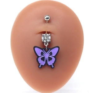 Silver belly button ring with purple butterfly pendant and clear zircon stone on skin