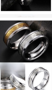 Macro detail of polished tungsten steel ring featuring intricate Celtic dragon engraving
