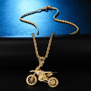 Detail of 925 sterling silver motorcycle pendant with micro-inlaid diamonds and twist chain