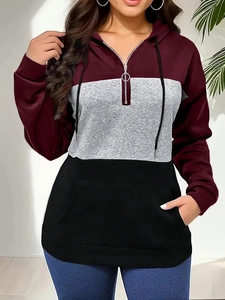 Women Color Block Hooded Sweatshirt Polyester Quarter Zip Patchwork Casual Long Sleeve Hoodie With Pocket Autumn Winter
