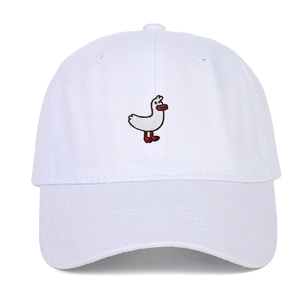 White cotton baseball cap with cartoon duck embroidery on front for sun protection