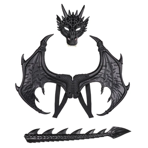 Black dragon costume set with textured mask, wings, and tail for kids Halloween cosplay