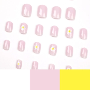 Short square purple and pink press-on nails with white daisy floral prints