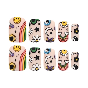 Retro hippie press-on toenails with colorful matte rainbow and smiley face patterns