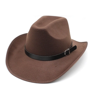 Classic dark brown wool western cowboy hat with flat brim and decorative buckled leather belt