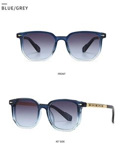 Front and side views of blue and grey gradient aviator sunglasses with gold metal temples