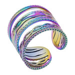 Detail of colorful multilayer stainless steel ring with hollow weave pattern and rainbow finish