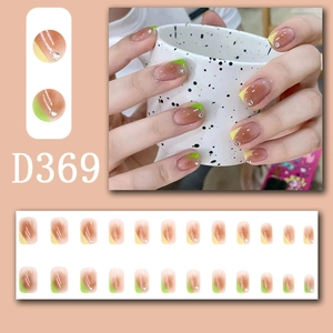 Press-on nails D369 with coffee gradient, yellow and green French tips and rhinestones
