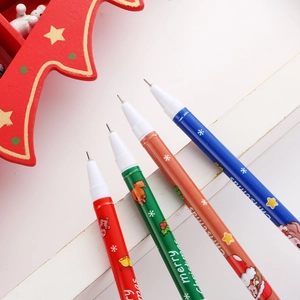 Close-up of four colorful Christmas reindeer gel pens with Merry Christmas patterns