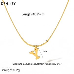 Detail view of gold snake chain necklace with Y initial pendant and measurement specs