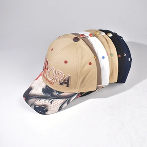 Detail of colorful baseball caps with Aurora 3D embroidery and floral pattern on the brim