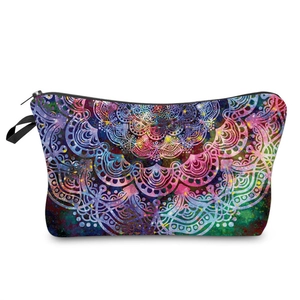 Cosmetic bag with galaxy mandala print and pink purple gradient on white background