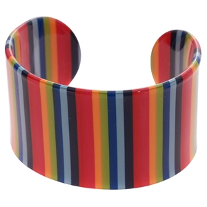 Colorful vertical striped acrylic cuff bracelet with a glossy finish and open design