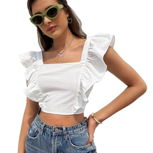 White sleeveless square neck crop top with ruffle sleeves and lace-up back design