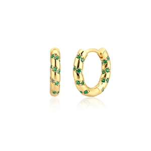 Detailed macro view of S925 sterling silver gold hoop earrings with green zircon stones