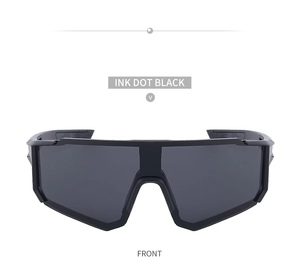 Front view of ink dot black sports cycling sunglasses with wide dark gray shield lenses