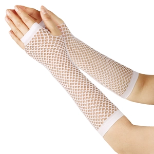 Detailed view of long white fishnet arm sleeves with a fingerless punk style design