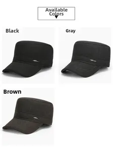 Close-up detail of three wool blend army caps in black, gray, and brown with metal logos