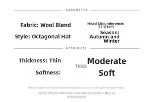 Detailed size specifications for wool blend newsboy cap fitting 57-61cm head circumference