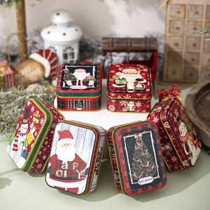 Christmas themed tinplate gift boxes with festive holiday patterns for cookies and candy