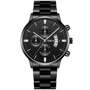 Detail of all-black business quartz watch dial with chronograph sub-dials and date window