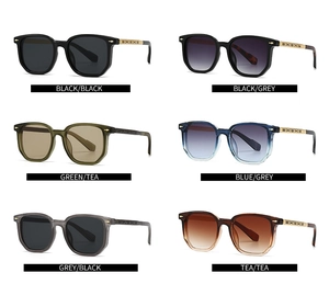 Collage of square aviator sunglasses in six colors with metal temple accents