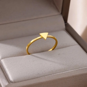 Close-up of gold-plated stainless steel ring with geometric triangle design in jewelry box