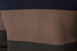 Detailed macro shot of the knitted texture and color block design on men's cardigan