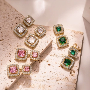 Double Layer Square Zircon Drop Earrings Copper Geometric Halo Dangle Jewelry For Women Luxury Fashion Elegant