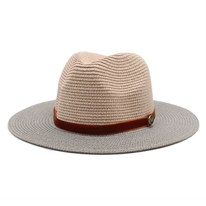 Two-tone beige and grey Panama straw hat with velvet band and metal M emblem