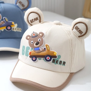 Infant cotton baseball cap with 3D plush bear ears and cartoon car applique