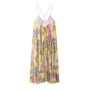 Abito lungo sexy con stampa floreale, schiena scoperta e spalline rosa bohémien