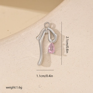 Macro shot of silver bow pendant with pink zircon teardrop stone and dimensions